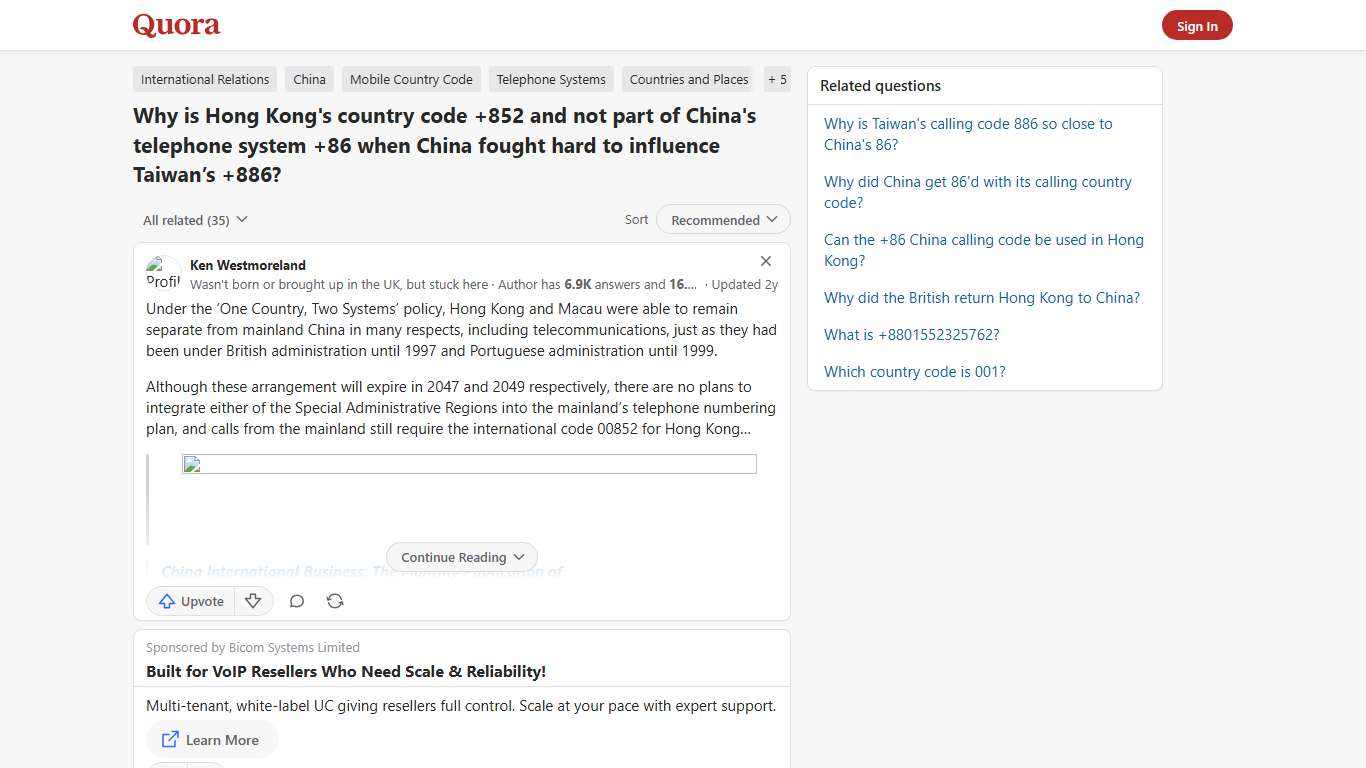 Why is Hong Kong's country code +852 and not part of China's telephone system +86 when China fought hard to influence Taiwan’s +886? - Quora